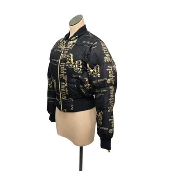 Apple Bottoms Jacket Womens Small Black Gold Puffer Bomber Logo Zip Down Feather - Picture 8 of 11
